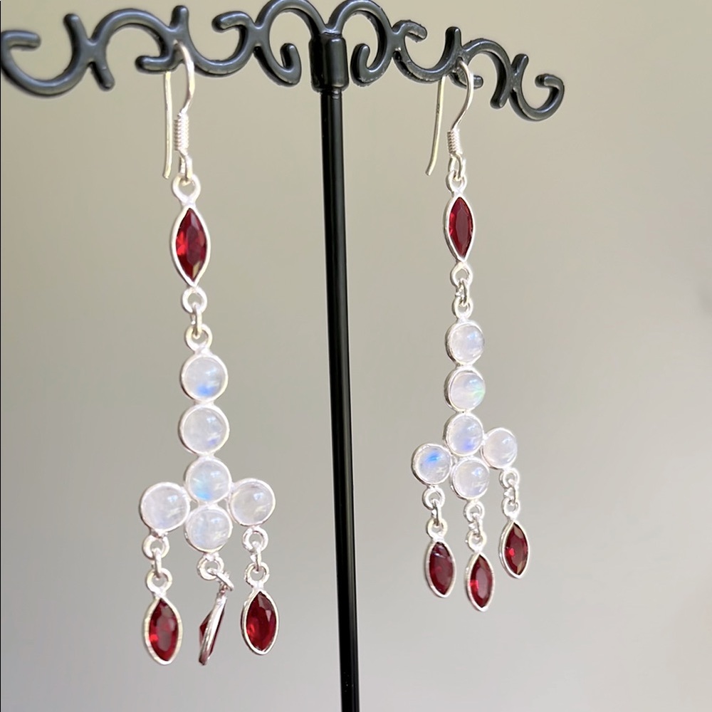 Elegant Moonstone and Garnet in Sterling Silver Dangle Earrings - Picture 1 of 5